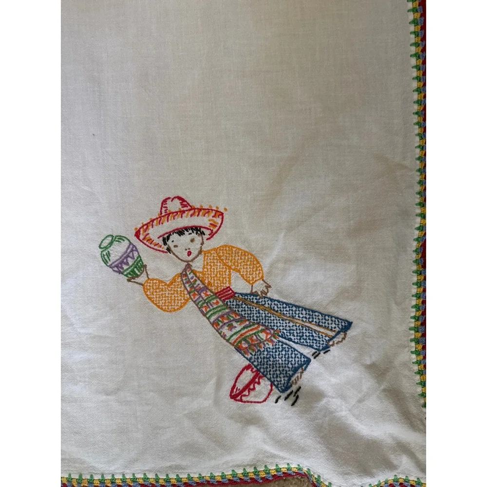 Vintage Hand Embroidered Mexican Folk Art Square Tablecloth Crocheted Edge 4ft